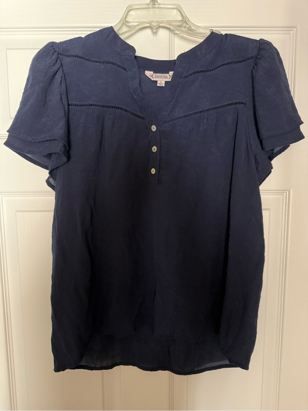 Nanette Lepore Navy Short-Sleeve Button-Front Top XL